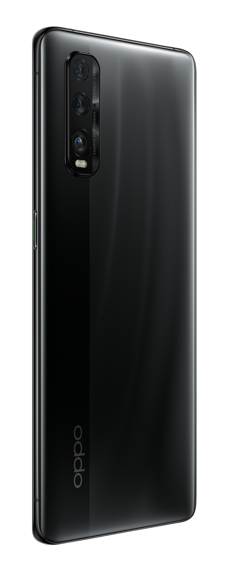 La parte trasera de un teléfono Oppo negro, que muestra las cámaras y el logotipo de Oppo sobre fondo negro.