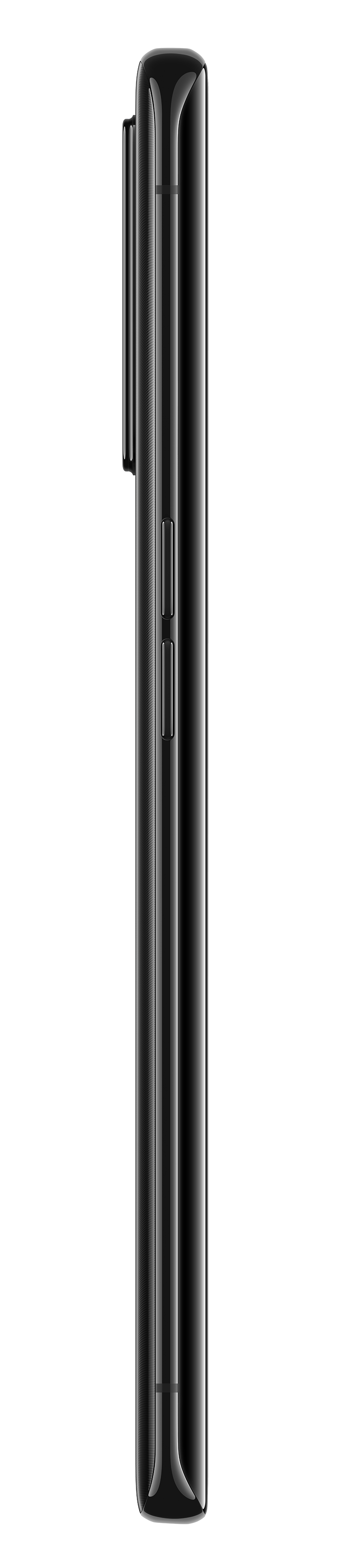 Vista lateral de un teléfono inteligente negro con botones de volumen.