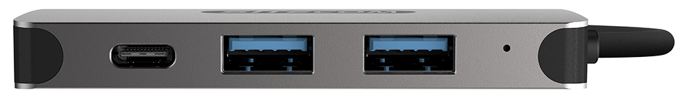 Silver USB hub with multiple ports.