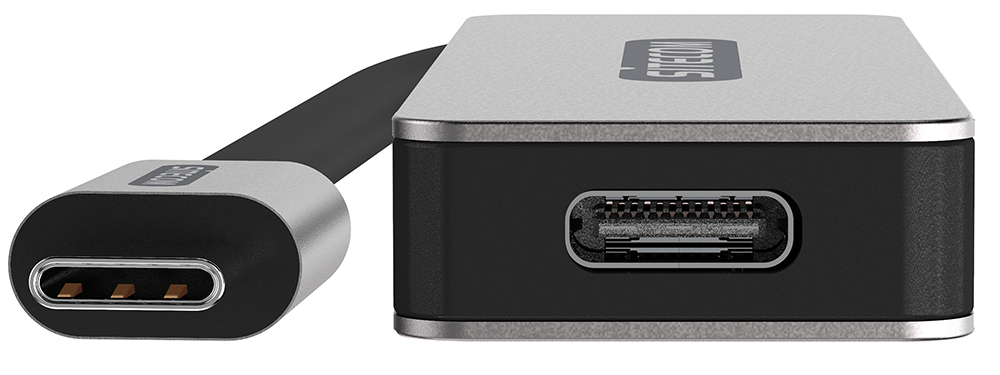 A black and silver Sitecom USB-C adapter.