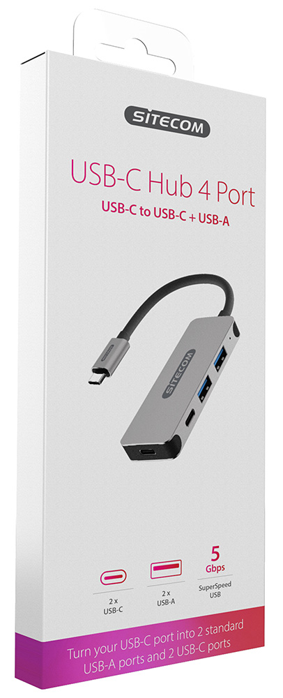 Silver USB-C hub in white box. It has 4 ports: USB-C, USB-A. Black cable.