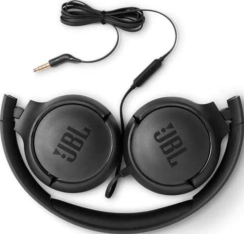 Cuffie JBL nere, piegate. Cavo e jack audio visibili.