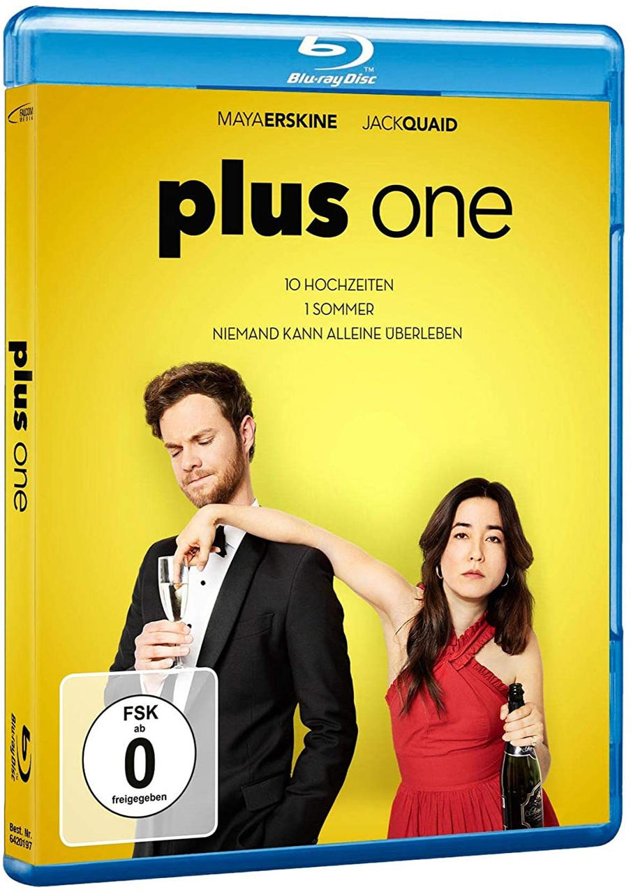 Ein Filmcover für Plus One mit einem Paar, Text und gelbem Hintergrund.