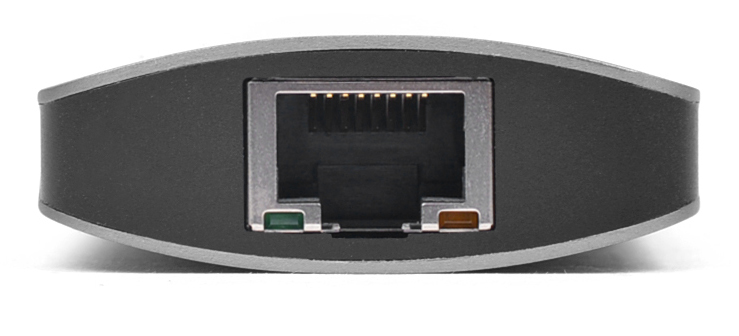 Close-up of a black and gray network adapter with an Ethernet port.