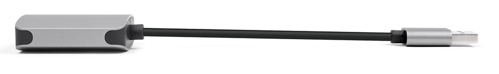 Silver adapter with black cable and USB connector.