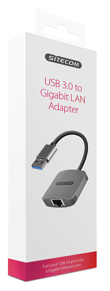 White box with a USB 3.0 to Gigabit LAN adapter inside.