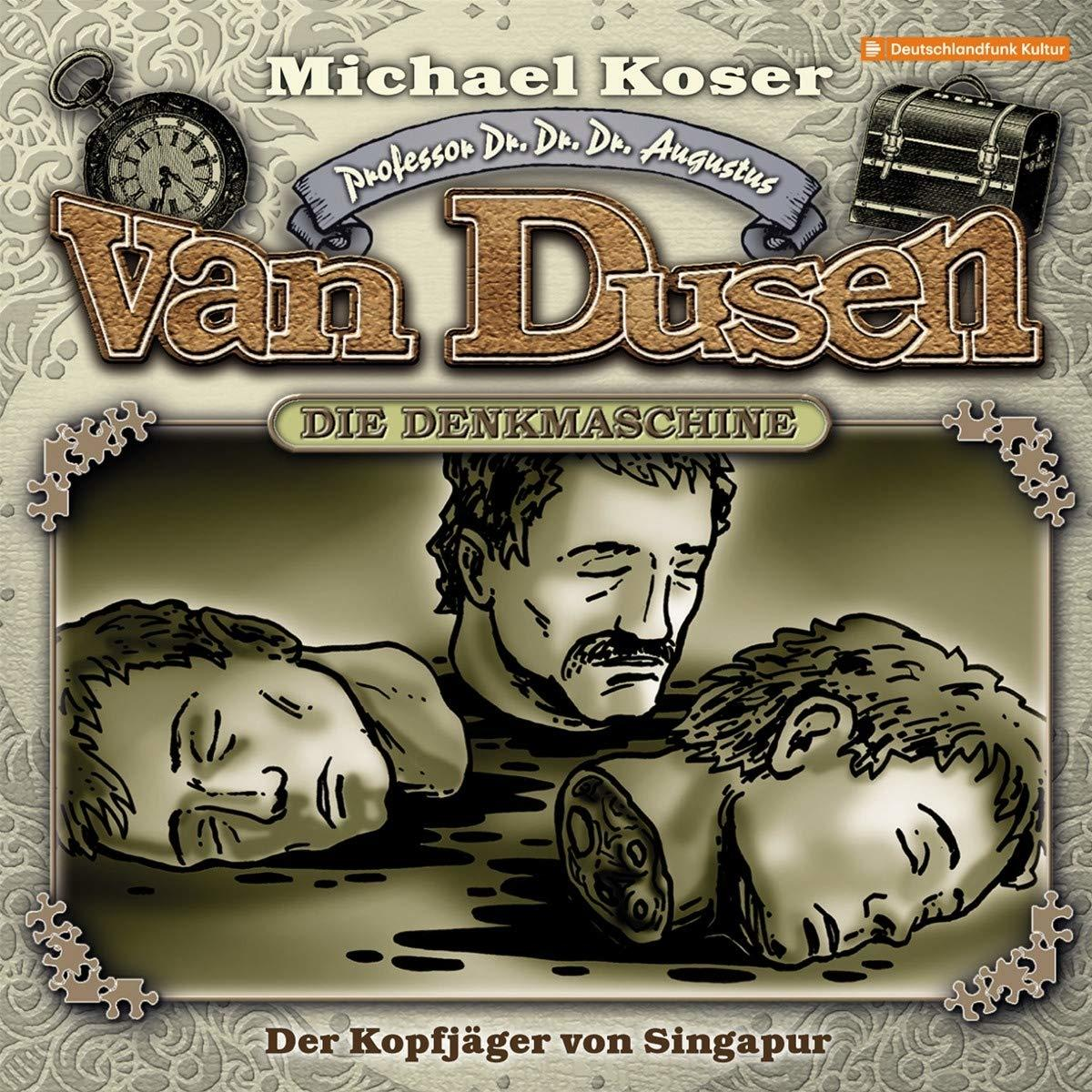 Buchcover mit Illustration von Köpfen, Text und einer Taschenuhr. Sepiatöne.