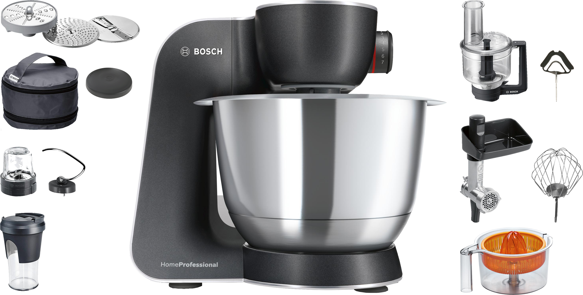 Bosch kitchen machine and various attachments: blender, juicer, grinder, and blades.