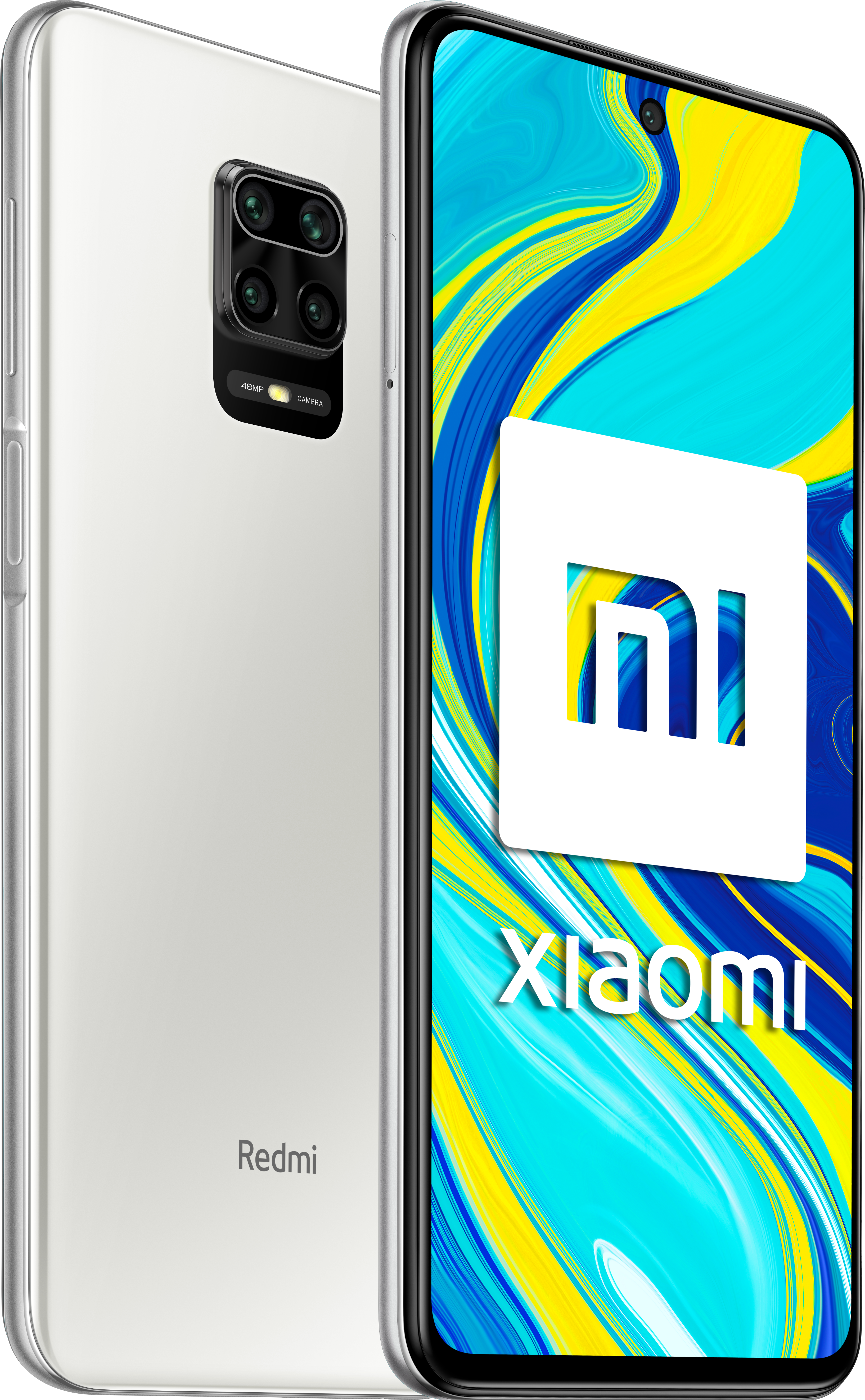 Teléfono Xiaomi Redmi blanco, dos cámaras, logotipo blanco de Xiaomi, fondo azul y amarillo.