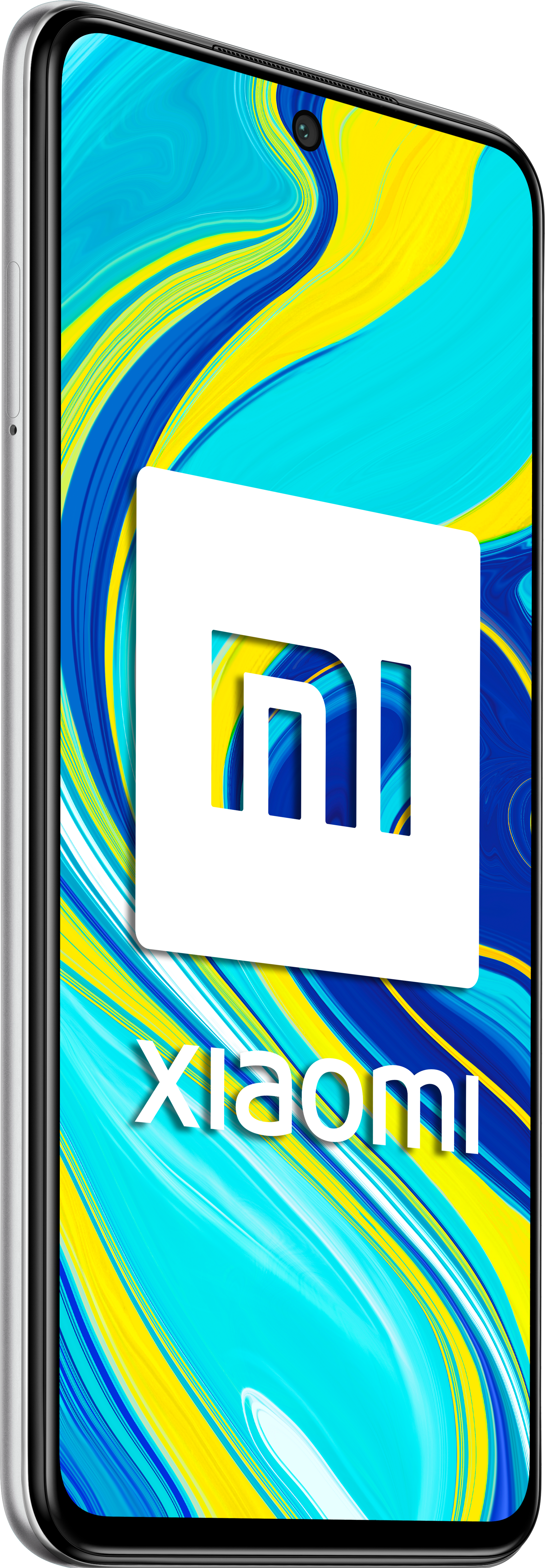 Un teléfono Xiaomi blanco y plateado con un logotipo cuadrado blanco y texto.
