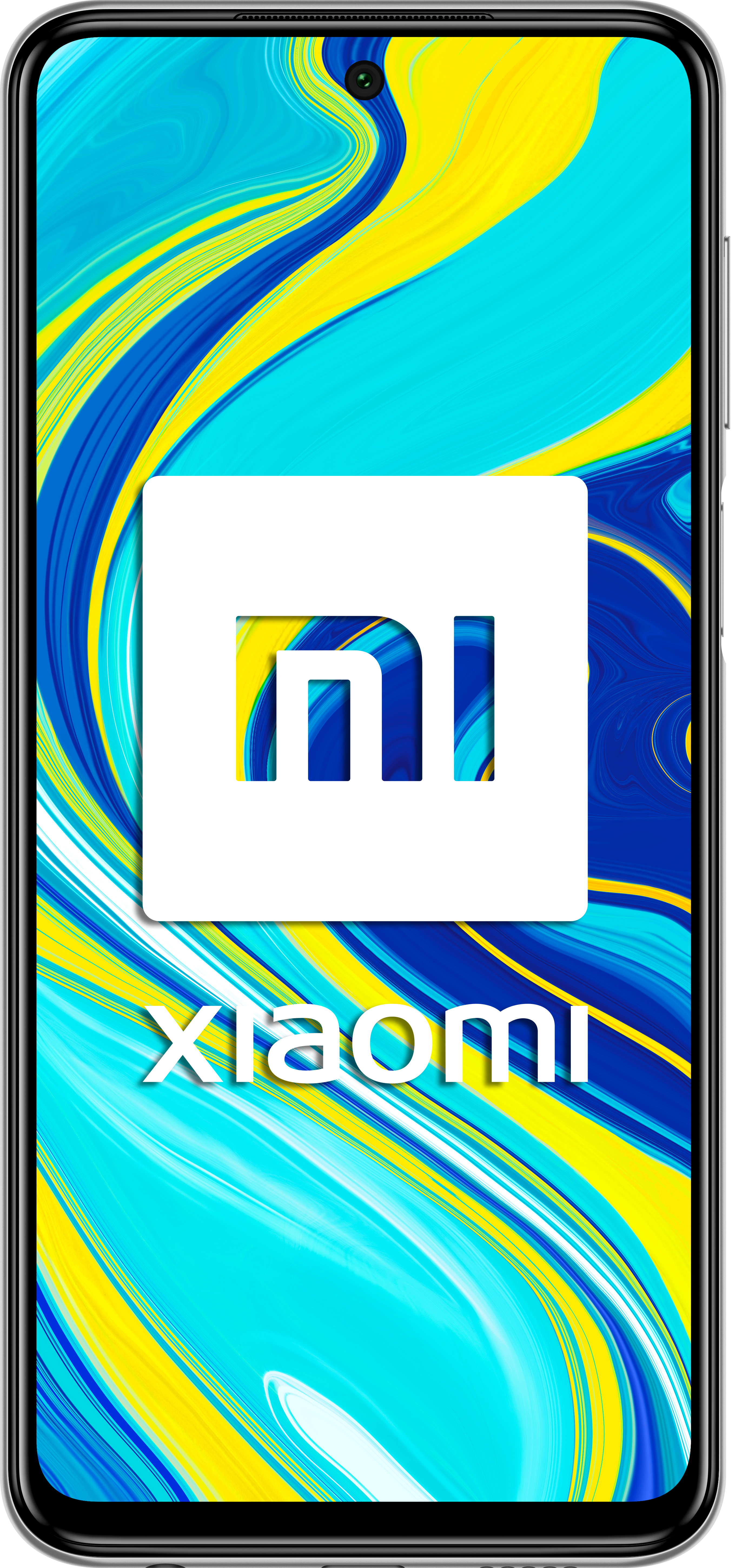 Teléfono Xiaomi con logo blanco sobre fondo azul y amarillo.