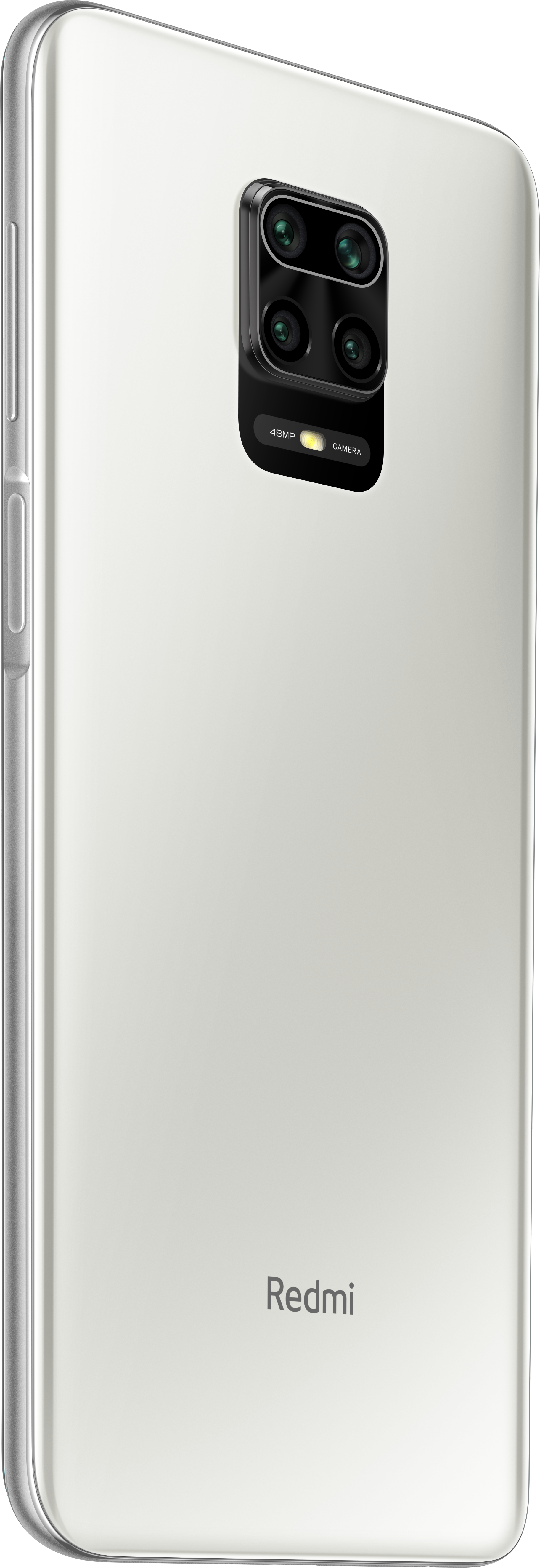 Un teléfono Redmi blanco con un módulo de cámara en la parte trasera, con el logotipo de la marca.