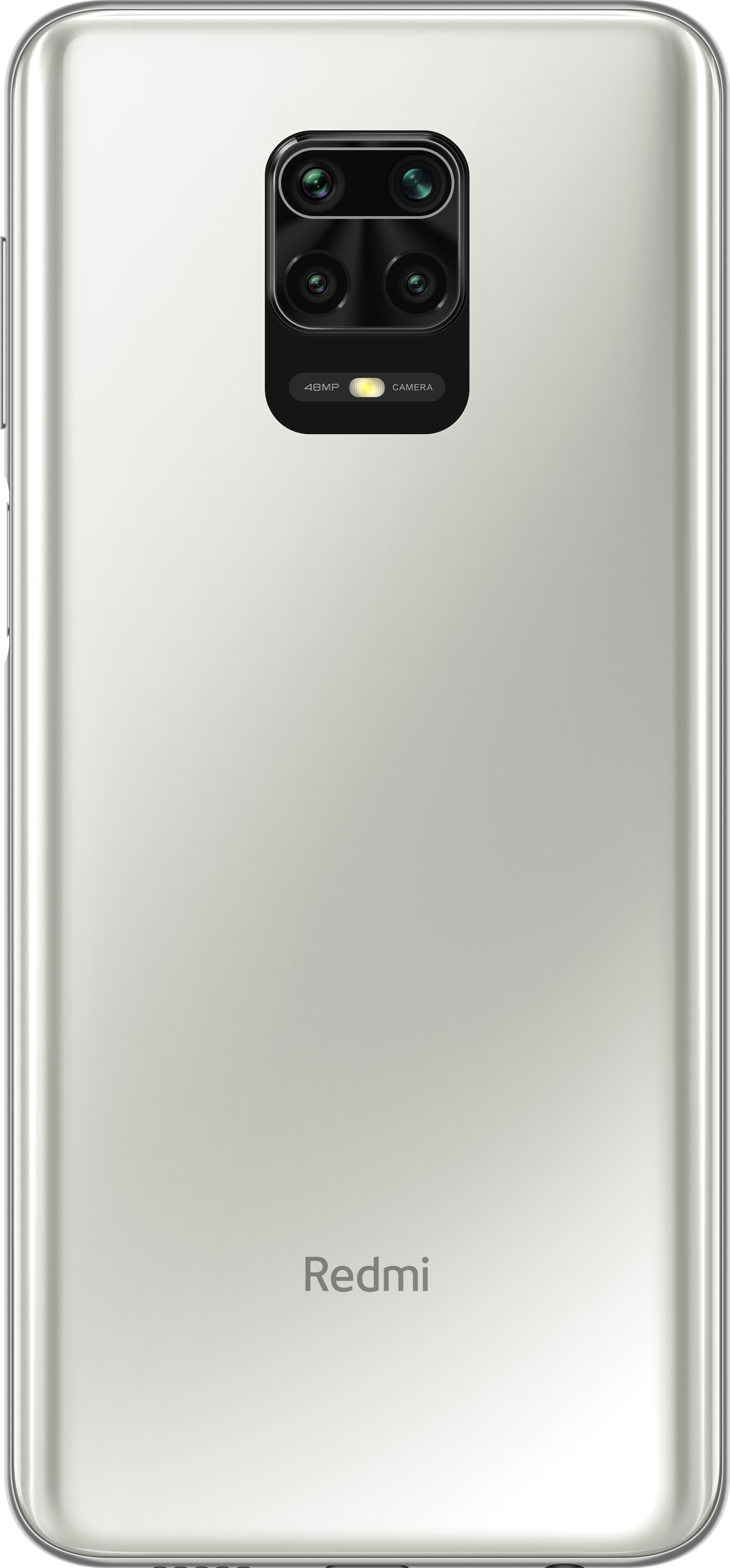 Teléfono Redmi blanco, vista trasera que muestra cámaras, detalles de la cámara y texto Redmi.