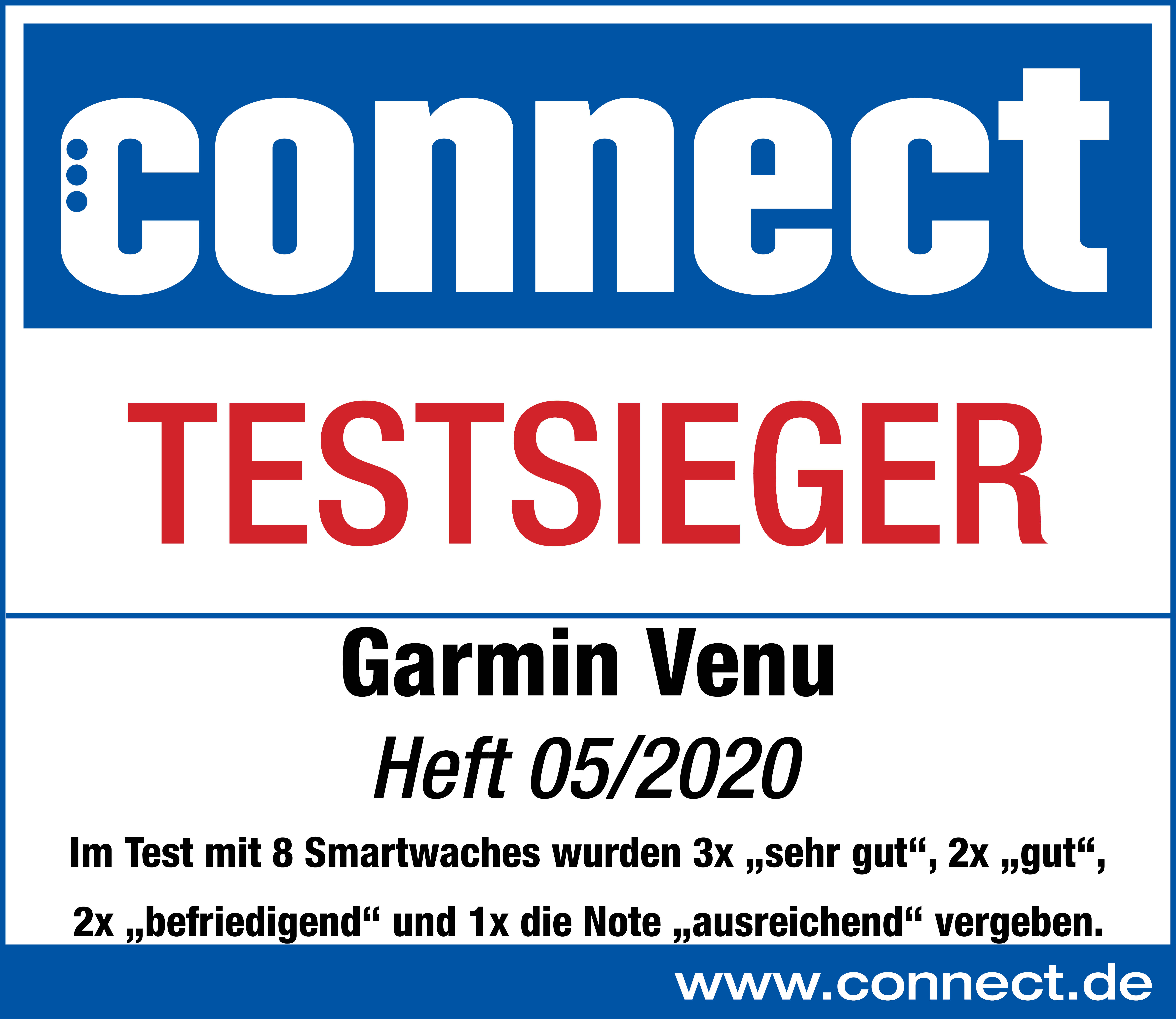 Weißer und roter Text auf weißem Grund. Der Text lautet 'connect TESTSIEGER Garmin Venu Heft 05/2020'.