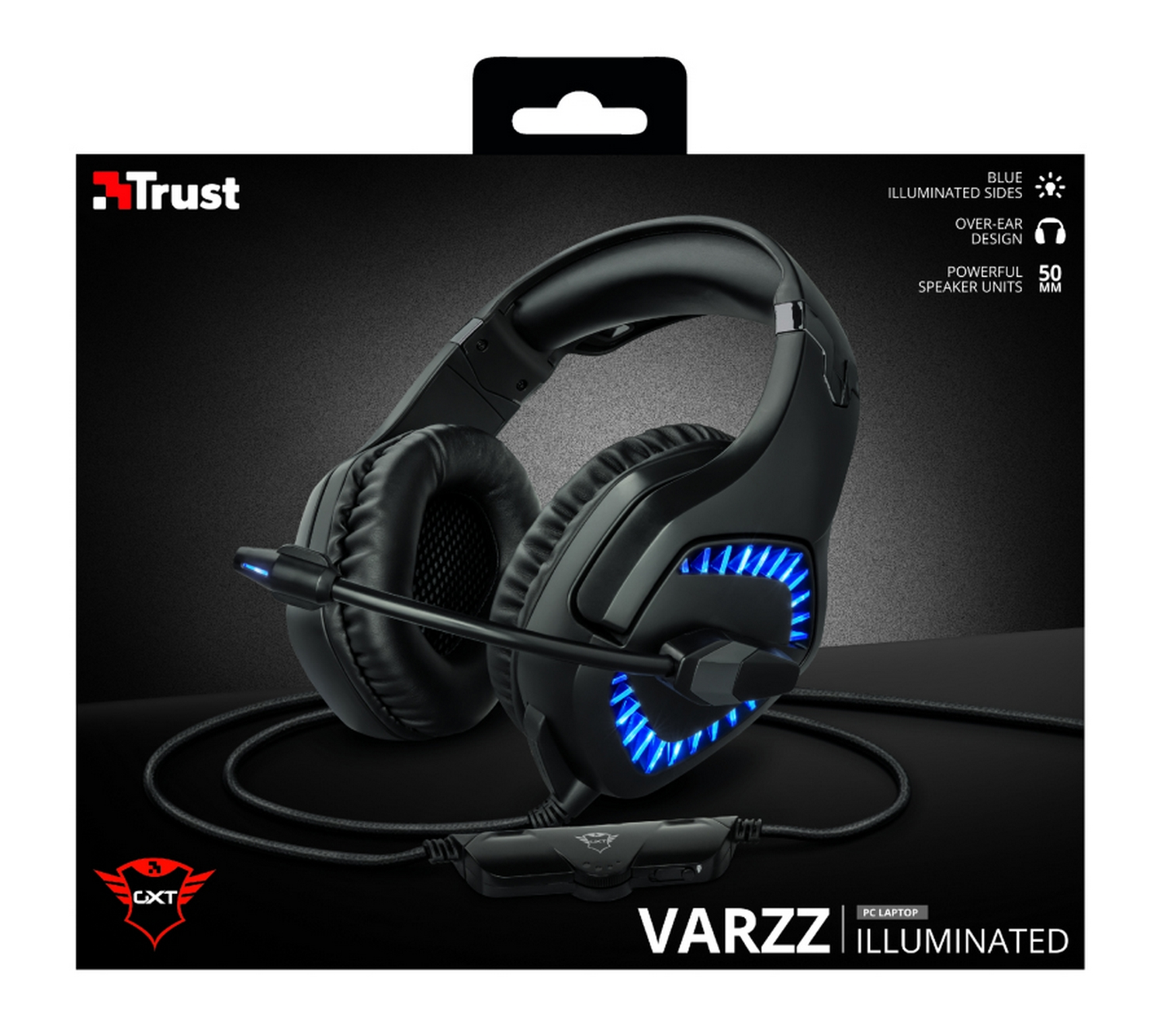 Auriculares gaming - Trust GXT 460, Luz azul LED, Micrófono, Multiplataforma, 50mm, Cable de 1 metro, Negro
