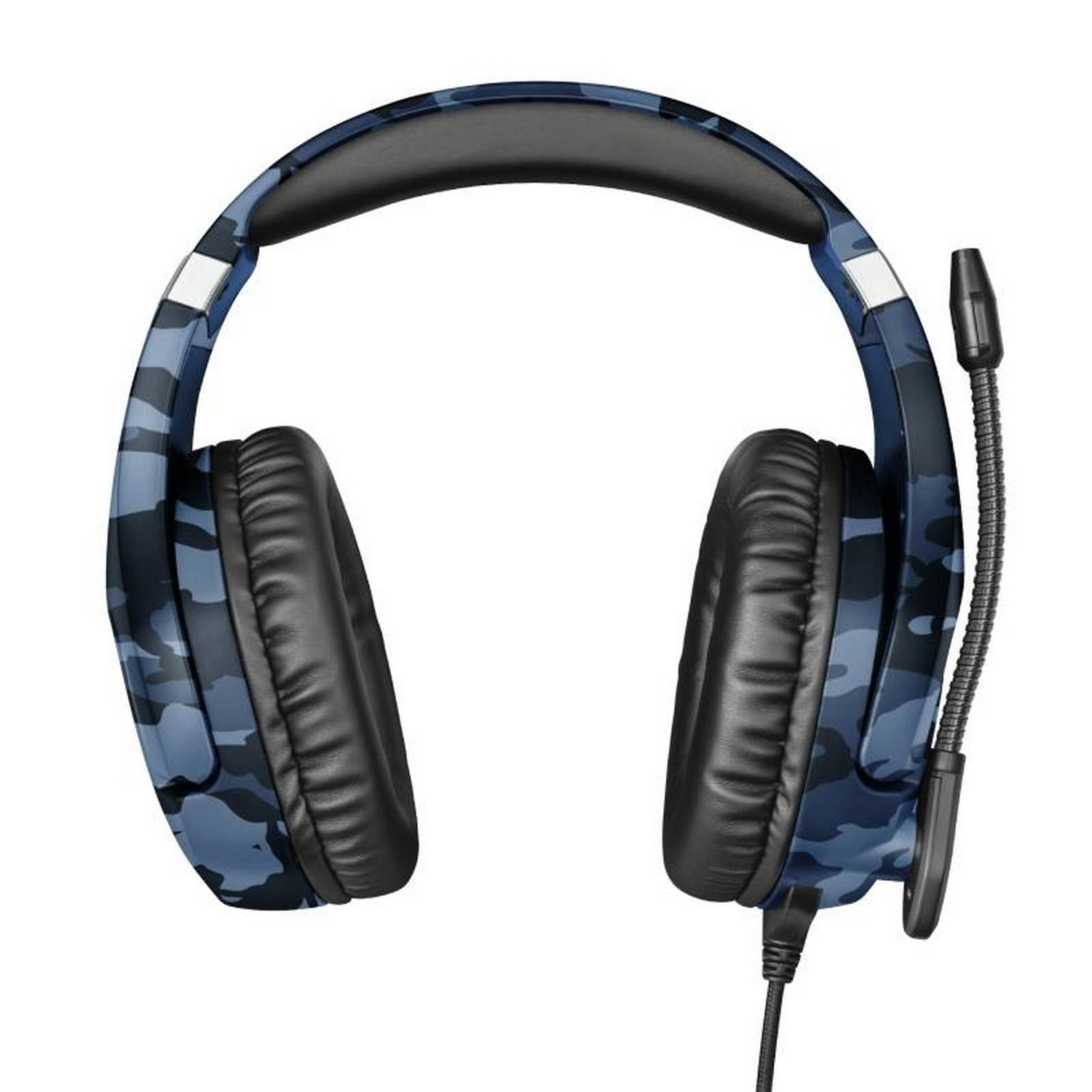Un auricular para juegos de camuflaje azul y negro, mirando al espectador.