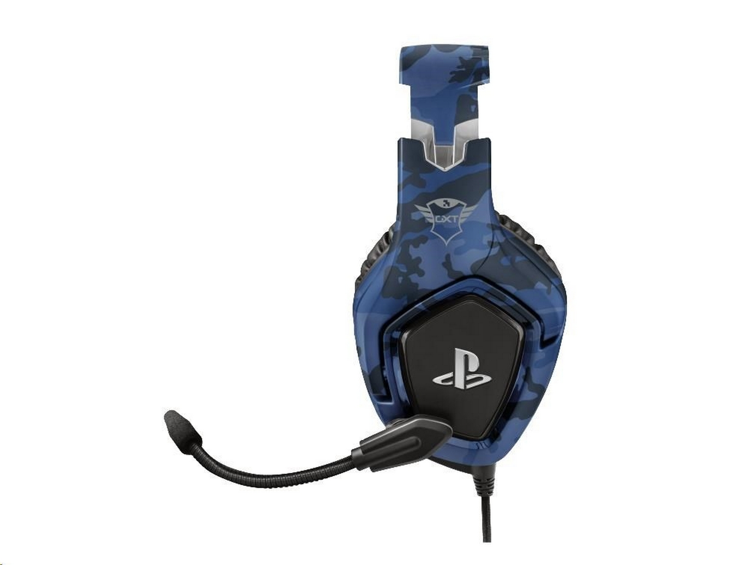 Auriculares para juegos de camuflaje azul y negro con micrófono.