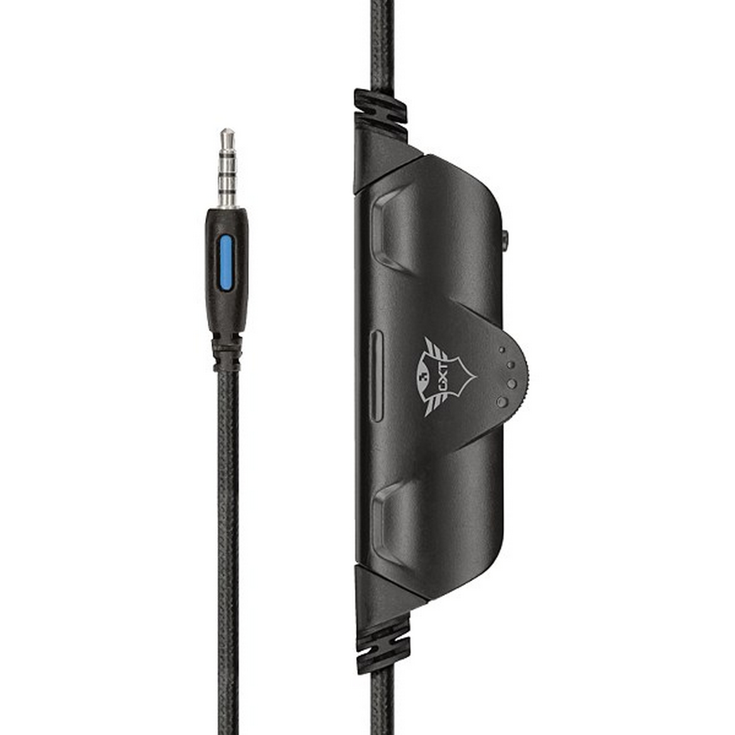 Un cable de audio negro con un módulo de control y un conector de 3,5 mm.
