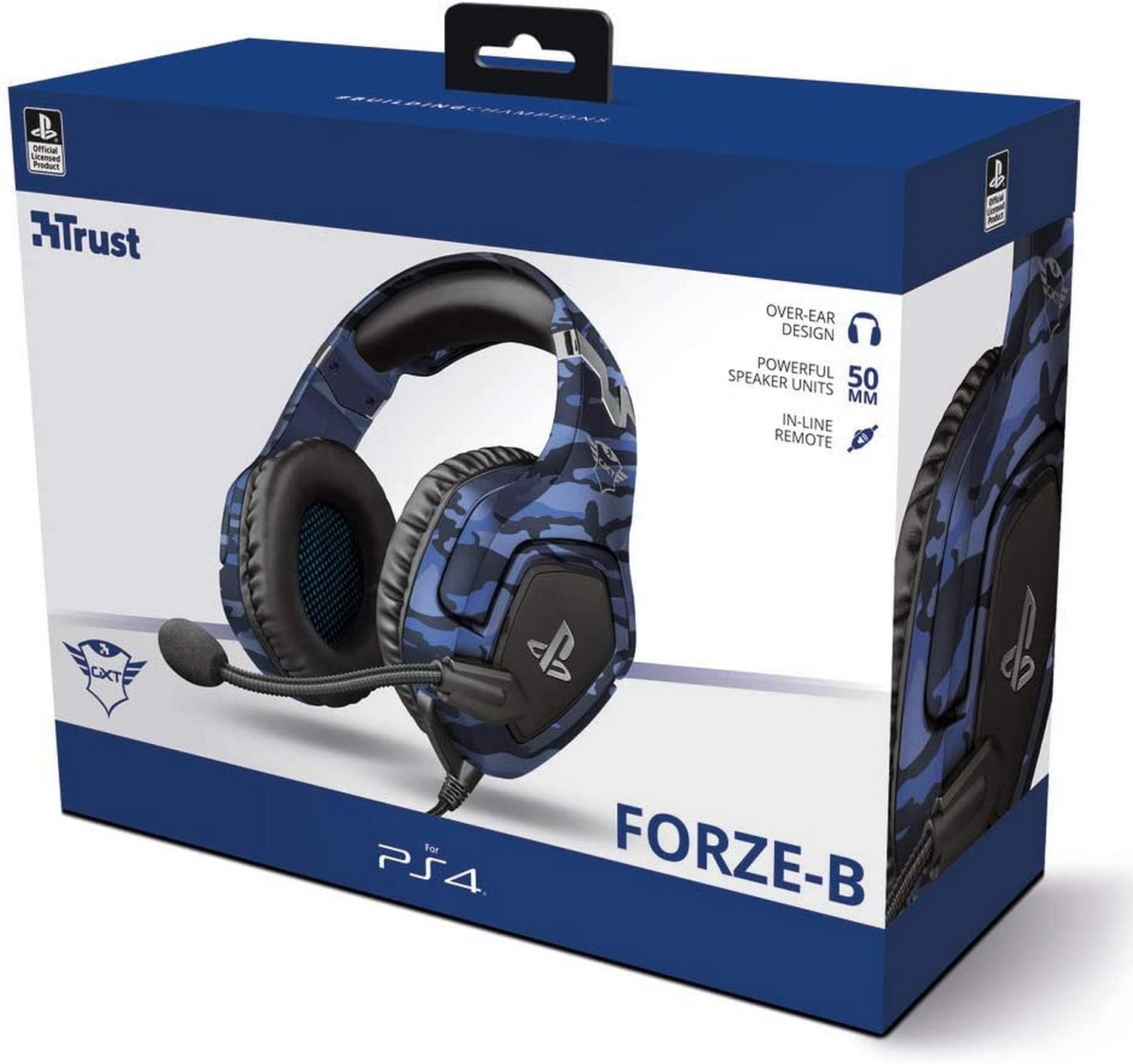 Auriculares para juegos azules y negros con micrófono, en una caja con texto 'FORZE-B'.