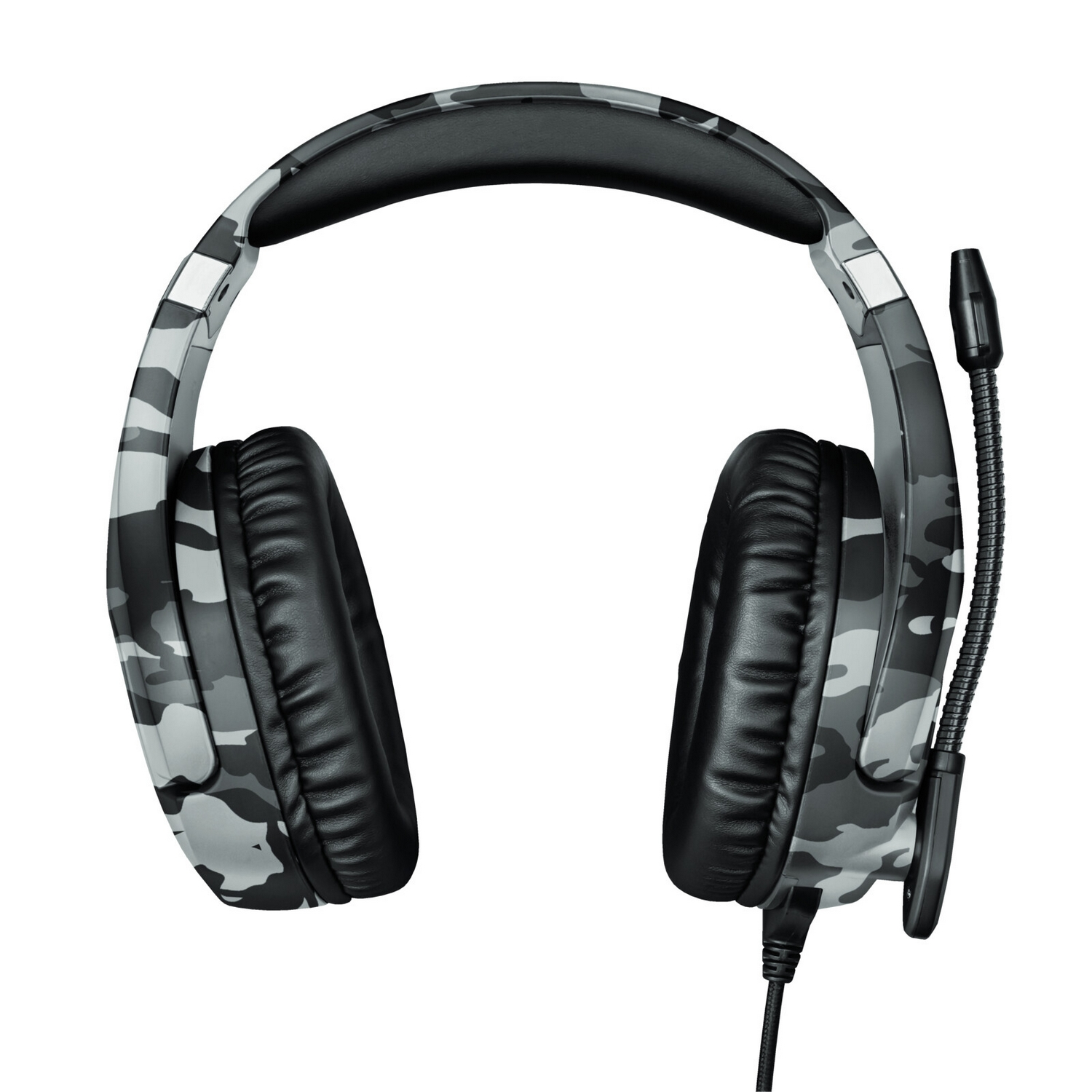 Auriculares de camuflaje gris y negro con micrófono.