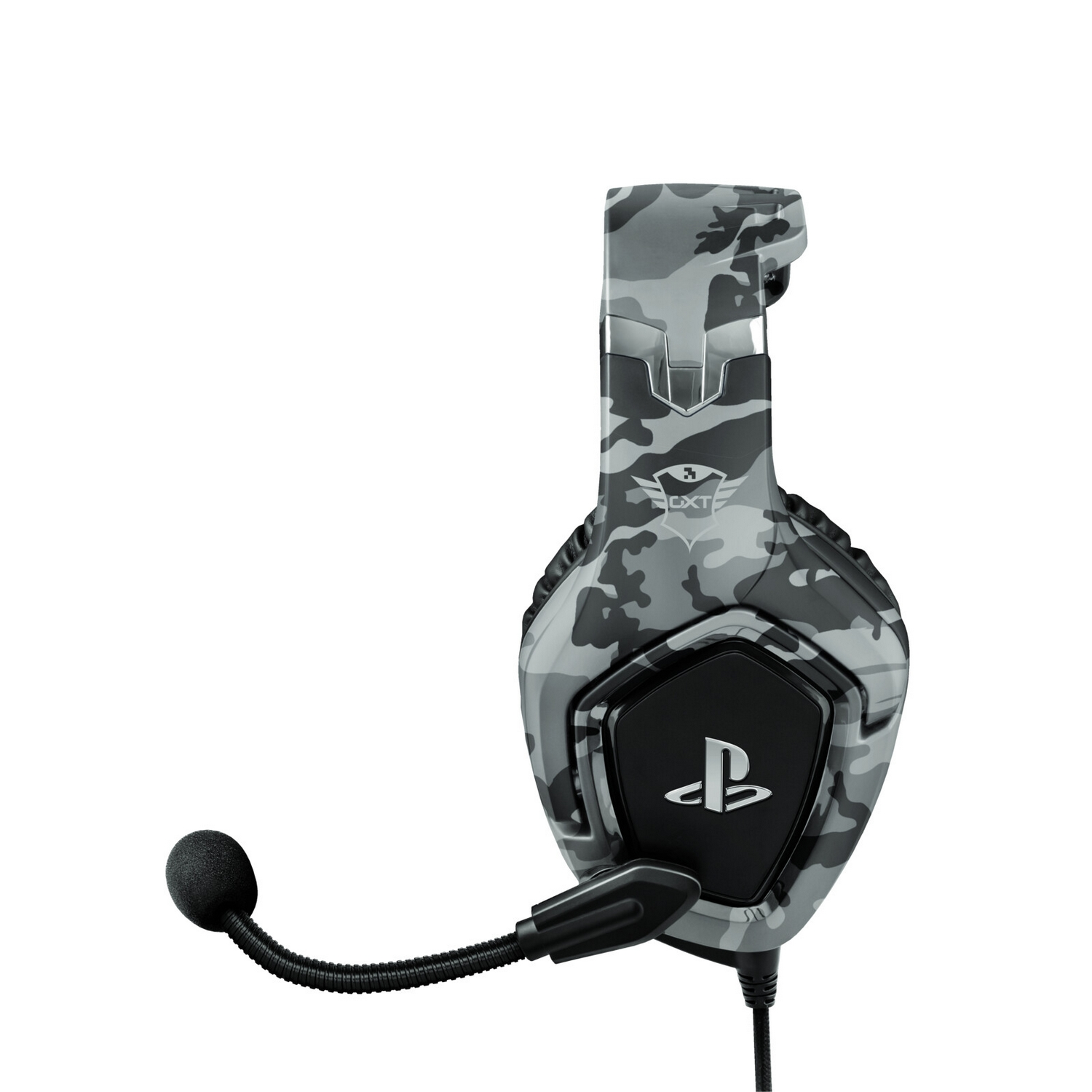 Un auricular para juegos Trust GXT de camuflaje gris y negro con micrófono y logotipo de PlayStation.