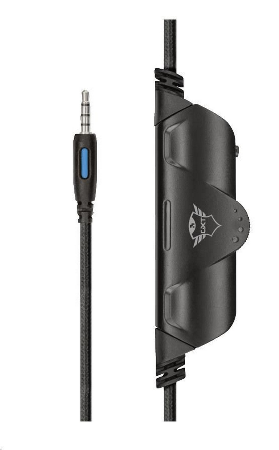 Cable de audio negro con un módulo de control y un conector de audio de 3,5 mm.