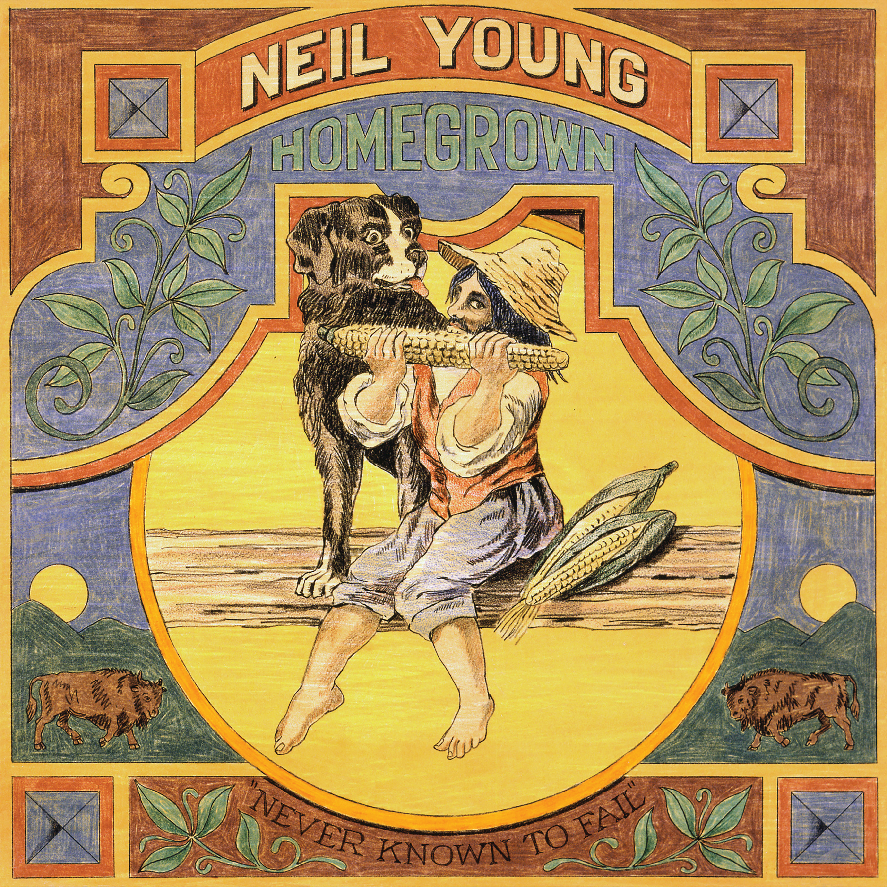 Album borító: Egy férfi kutyával és kukoricával, Neil Young és Homegrown szövegével.