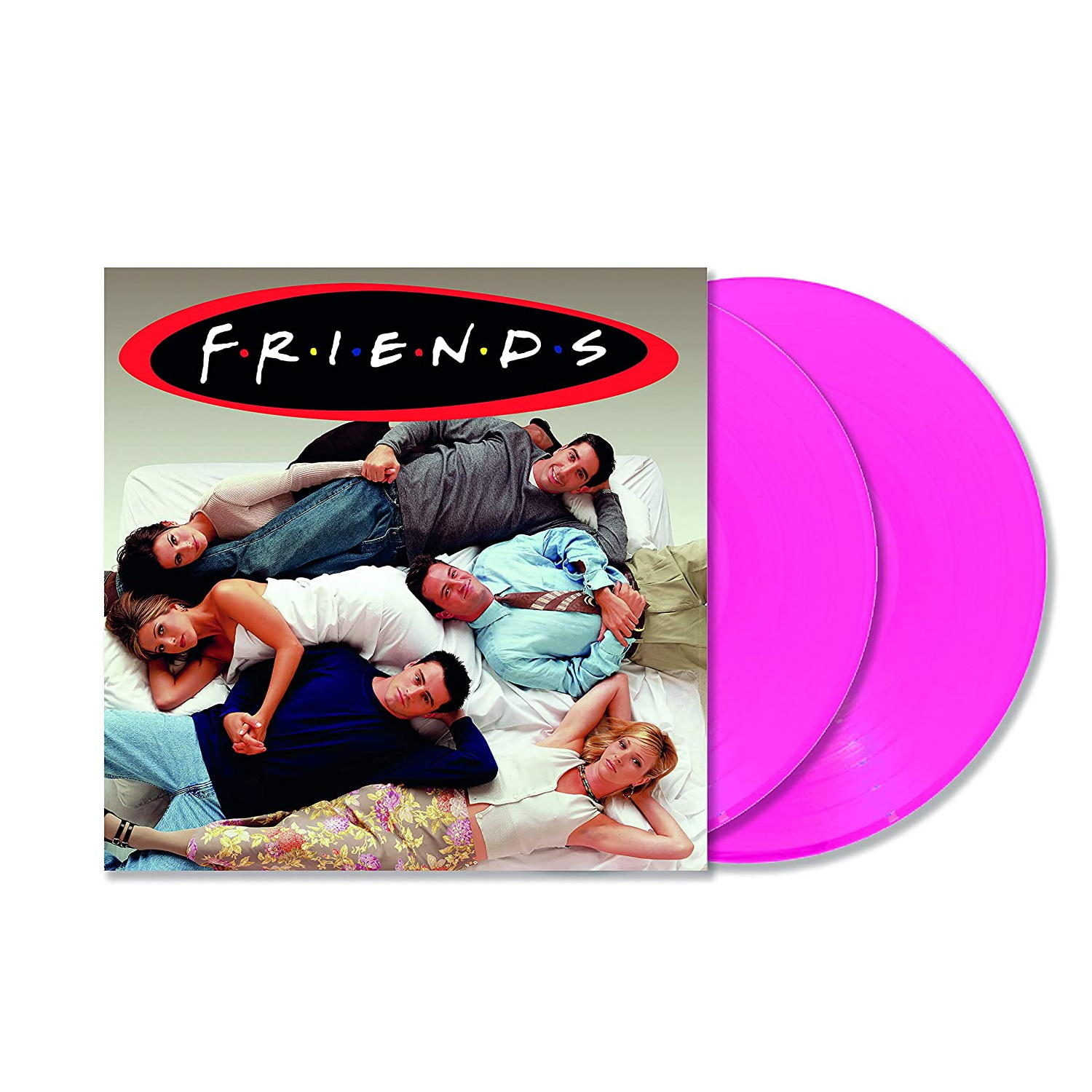 Friends album borító hat emberrel az ágyon, és két rózsaszín bakelit lemezzel.