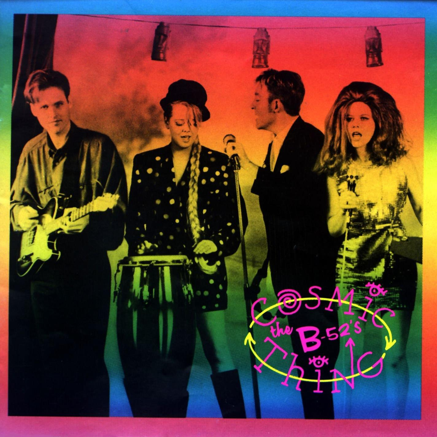 A B-52's album borítója, zenekari tagokkal, szöveggel és színes háttérrel.