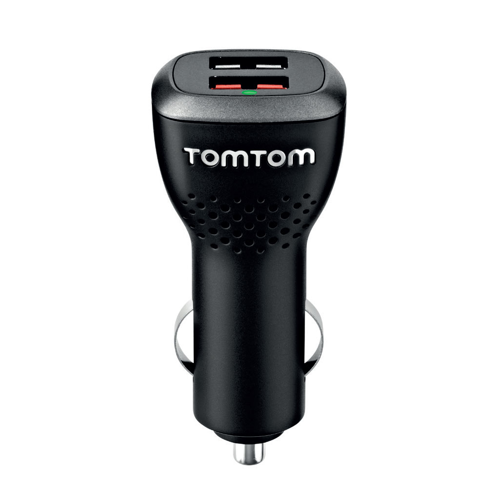Ein schwarzes und graues TomTom-Autoladegerät mit zwei USB-Anschlüssen.