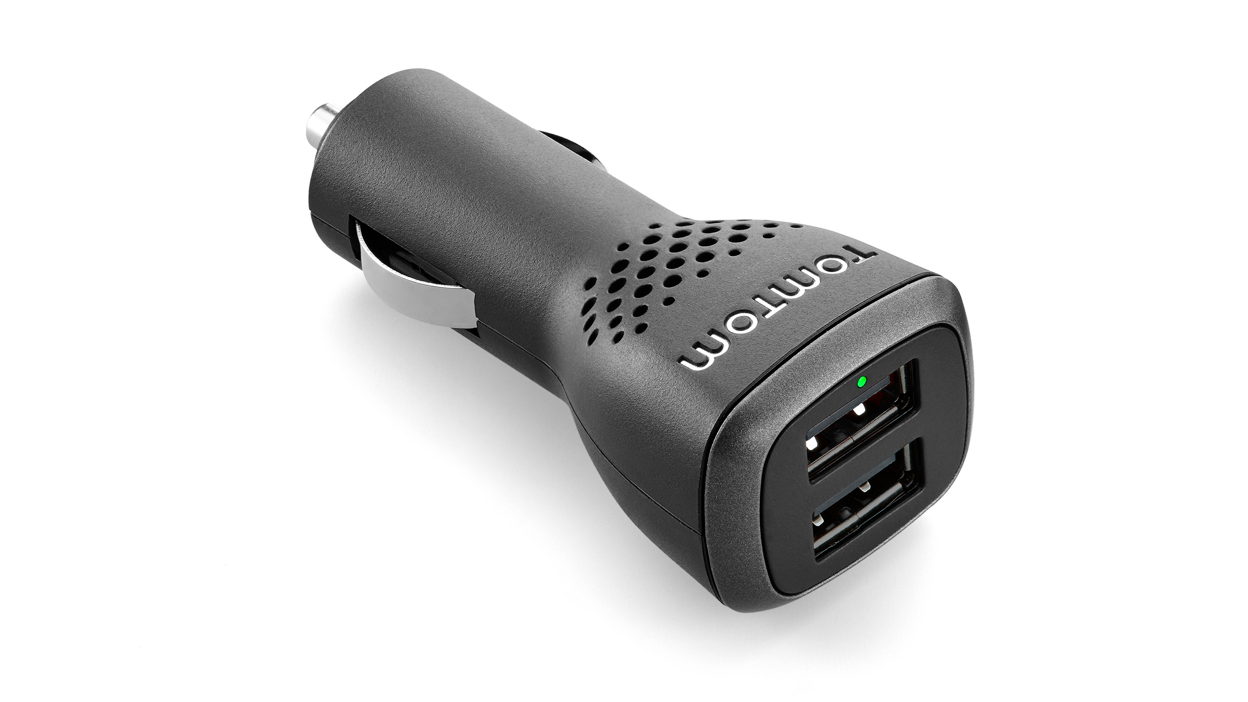 Schwarzes Tomtom-Autoladegerät mit zwei USB-Anschlüssen und grüner Kontrollleuchte.