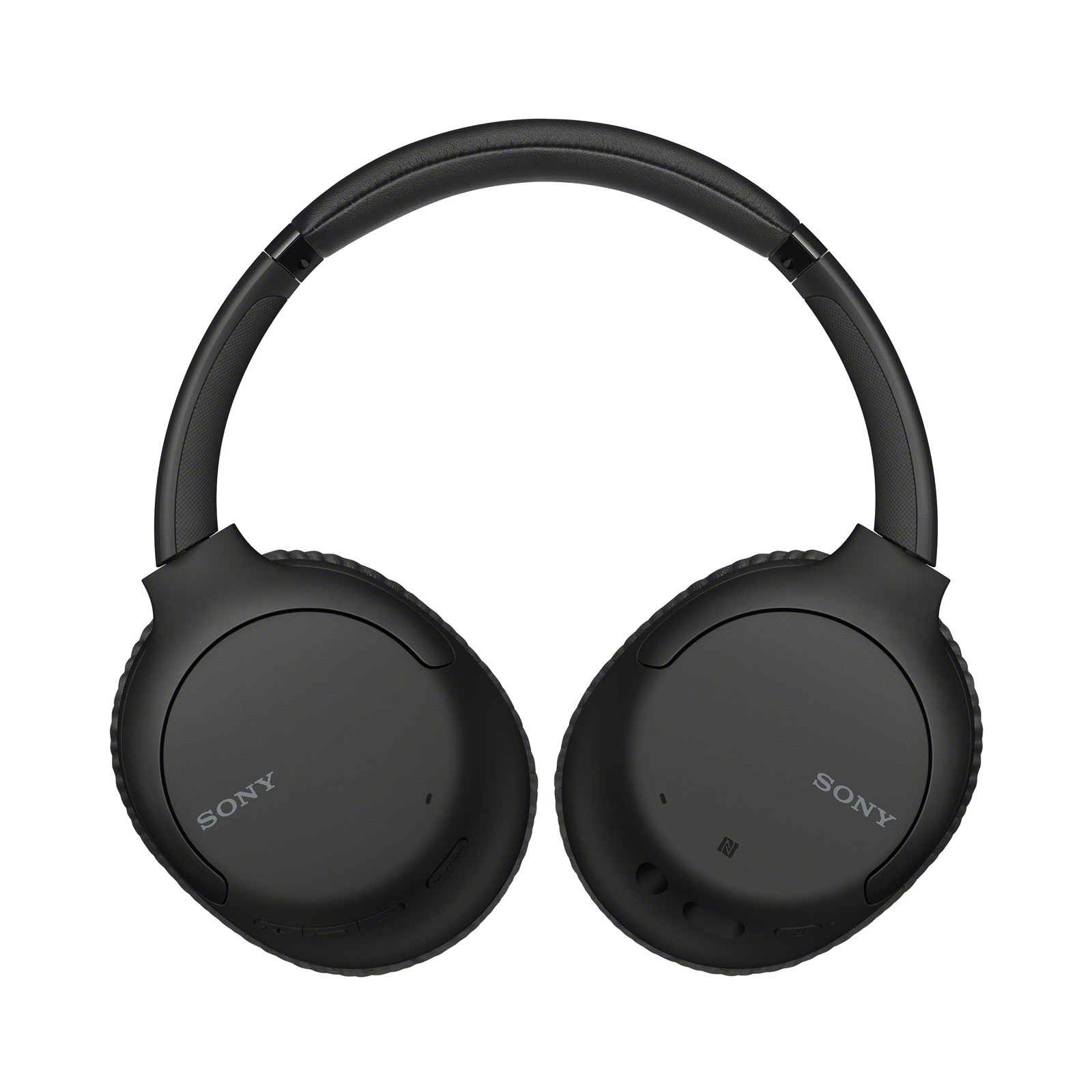 Schwarze Sony-Kopfhörer, Draufsicht. Die Ohrmuscheln sind groß und kreisförmig, mit dem Markennamen.