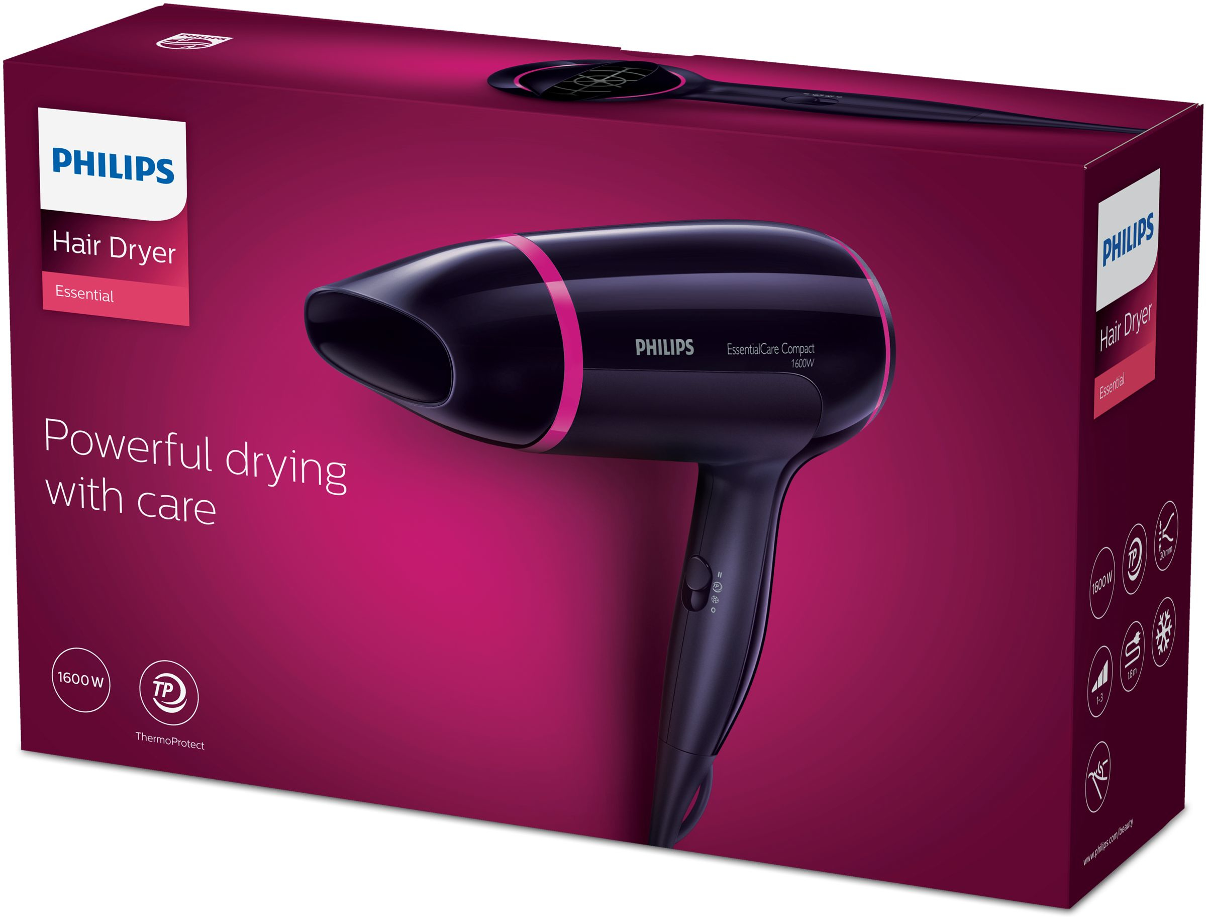 Haartrocknerbox mit schwarzem Trockner, rosa Akzenten und Philips-Logo.