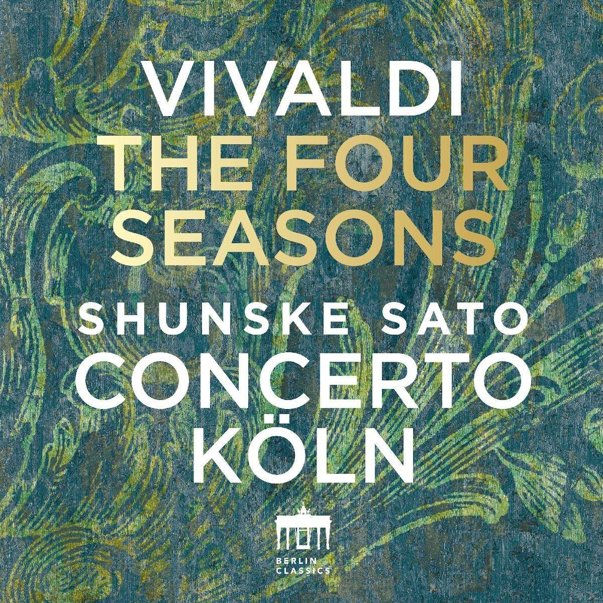 Albumcover mit Text: VIVALDI, DIE VIER JAHRESZEITEN und weiteren Details, mit gemustertem Hintergrund.