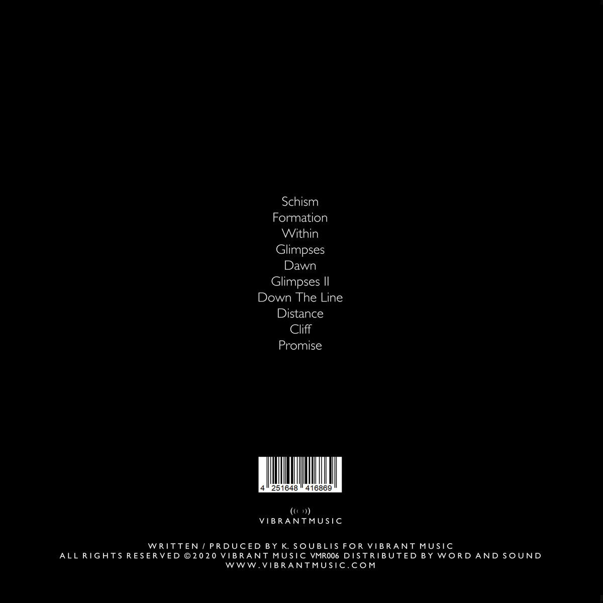 Schwarzes Albumcover mit Text: Schism, Formation, Within, Glimpses, Dawn, Glimpses II, Down The Line, Distance, Cliff, Promise.