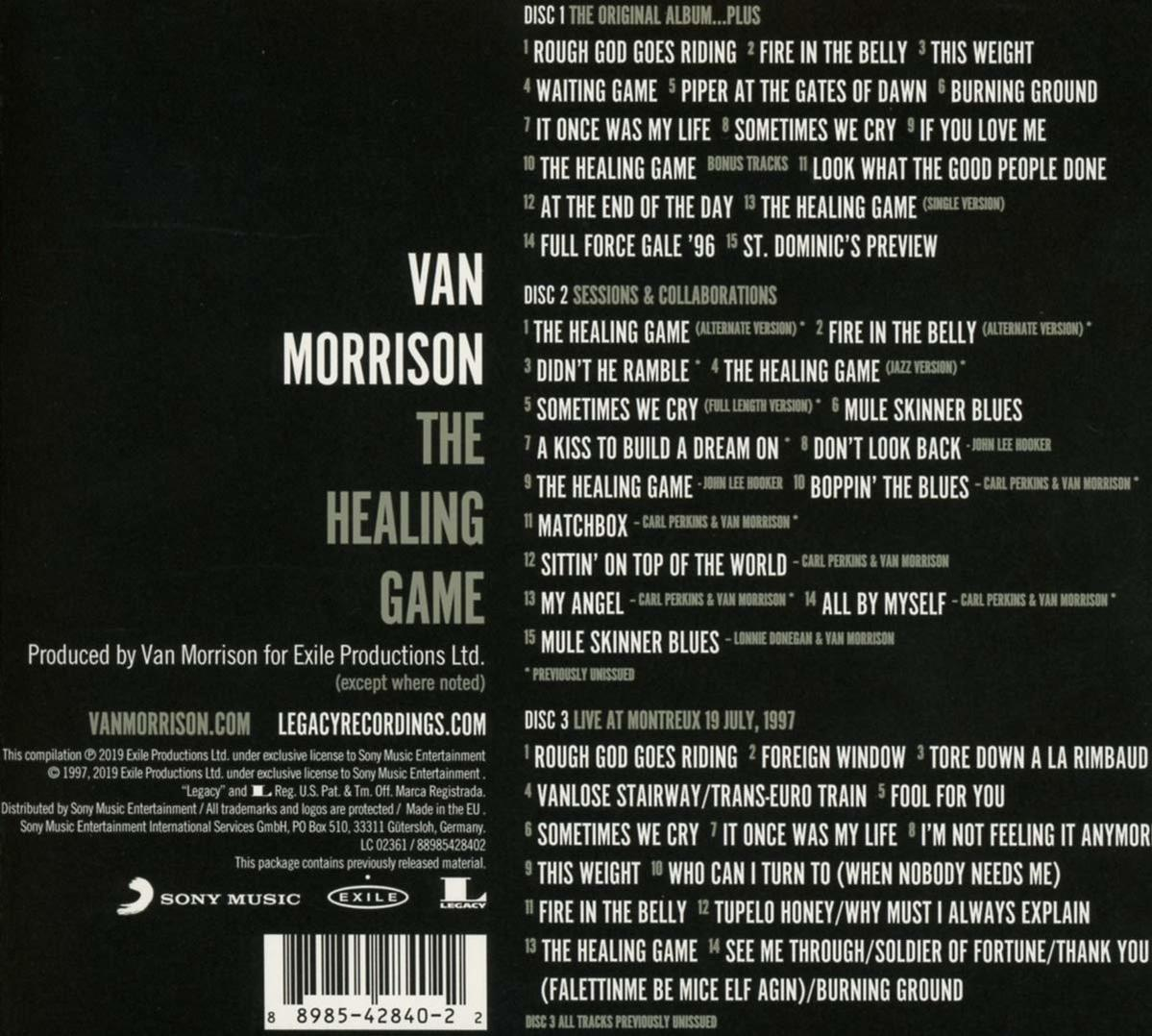 Albumcover von Van Morrisons 'The Healing Game', schwarzer Hintergrund, Titelliste.