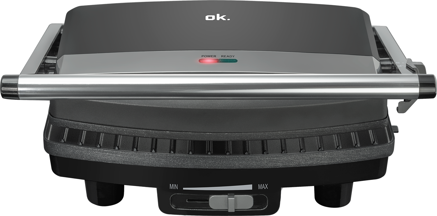 Black and silver panini press with power and ready lights.