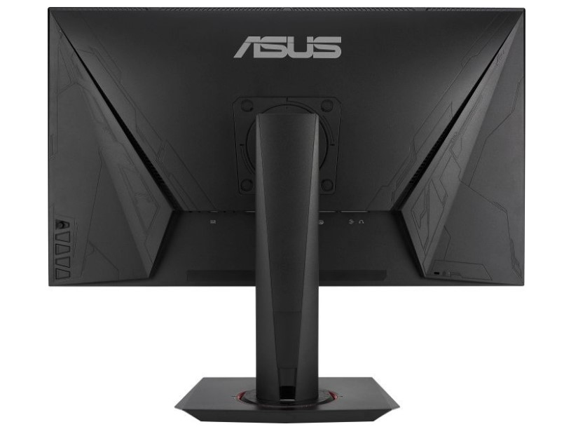 Parte trasera de monitor de ordenador negro con logotipo ASUS y soporte. Patrón geométrico.