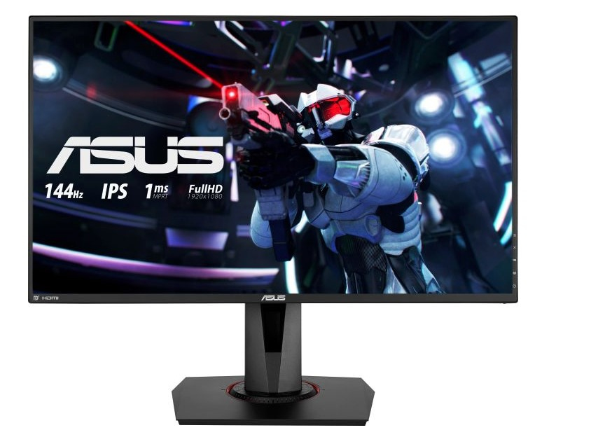 Un monitor ASUS que muestra una escena de juego con un soldado, con texto en la pantalla.
