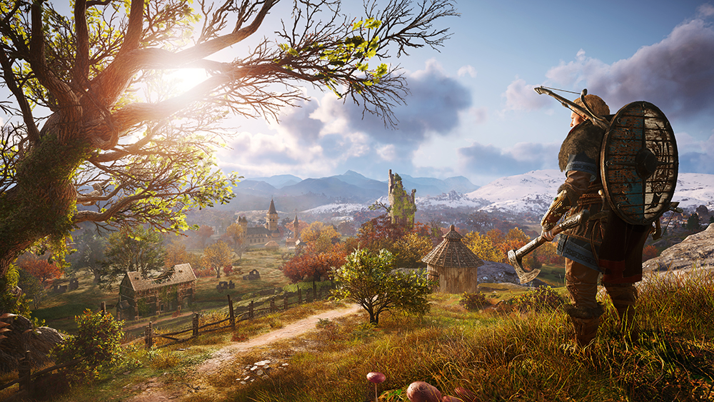 Viking warrior overlooking a village with a bow and axe.