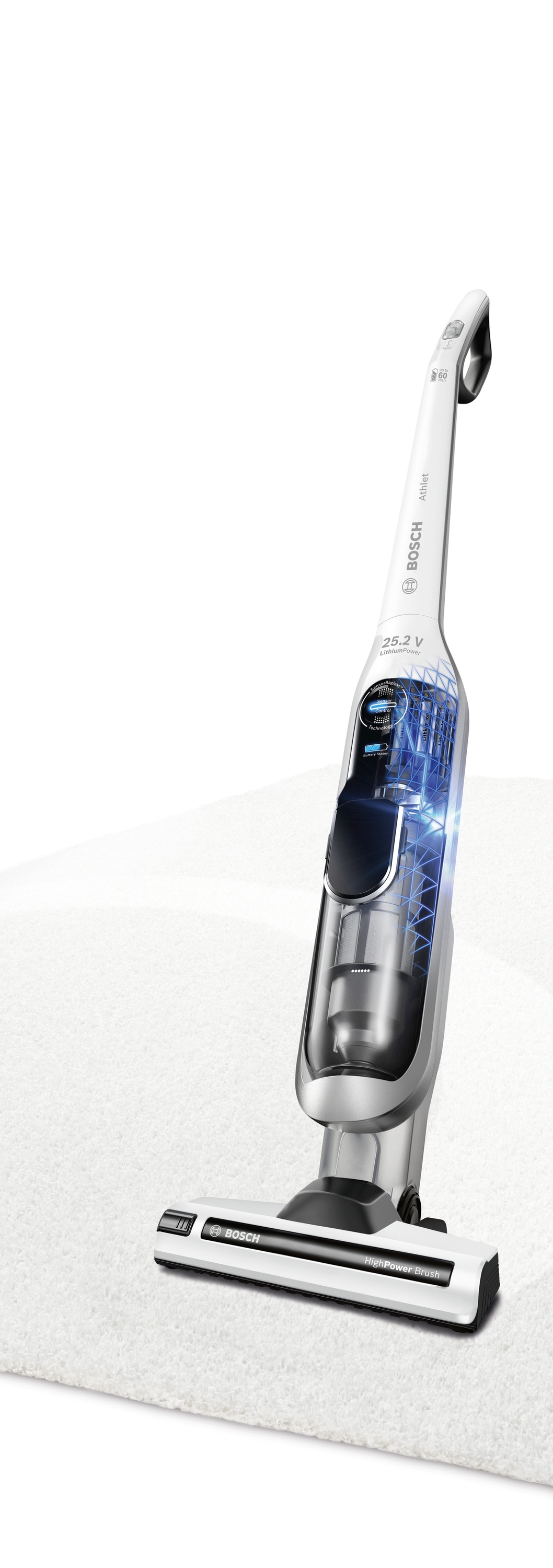 Weißer Bosch Athlet Staubsauger auf weißem Teppich. Zeigt sichtbare Innenkomponenten mit blauem Leuchten. Der Hintergrund ist weiß.