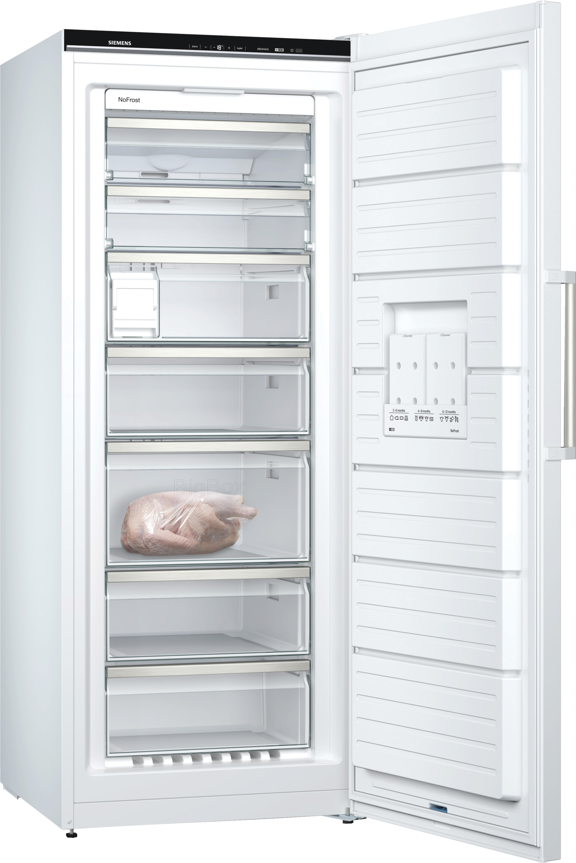 Ein weier Siemens Gefrierschrank mit offenen Tren und einem Truthahn darin.
