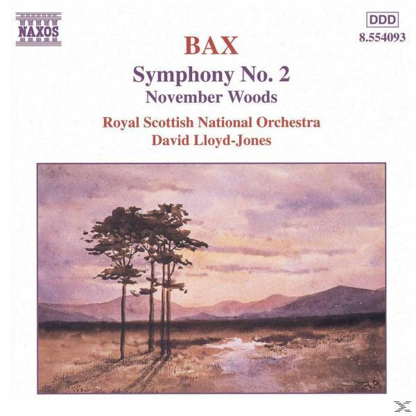 Albumcover: Bax Symphony Nr. 2 November Woods. Aquarellmalerei mit Bäumen und Sonnenuntergang.