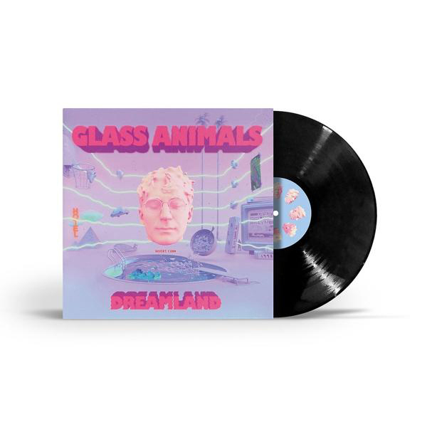 Glass Animals Albumcover. Enthält eine Schallplatte, Artwork mit Gesicht und Text: DREAMLAND.