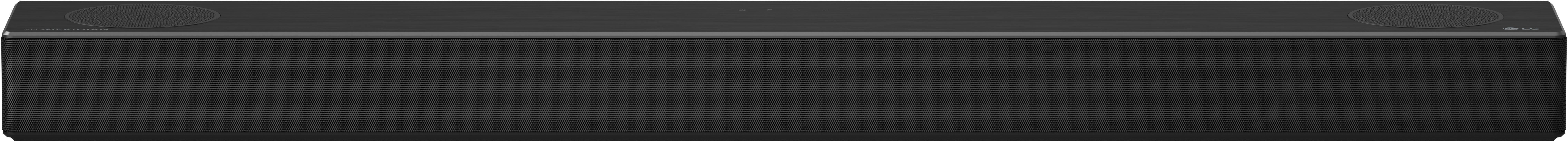 Schwarze Soundbar. Zwei Lautsprecher an jedem Ende. Dunkle, flache Oberfläche. Minimalistisches Design.