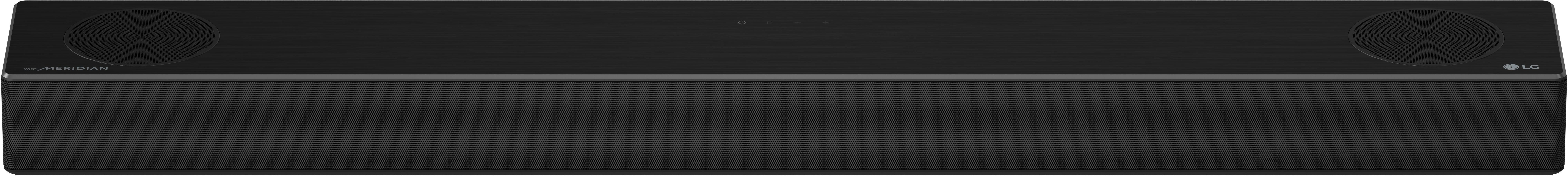 Schwarze Soundbar mit zwei Lautsprechern und Mittelteil.