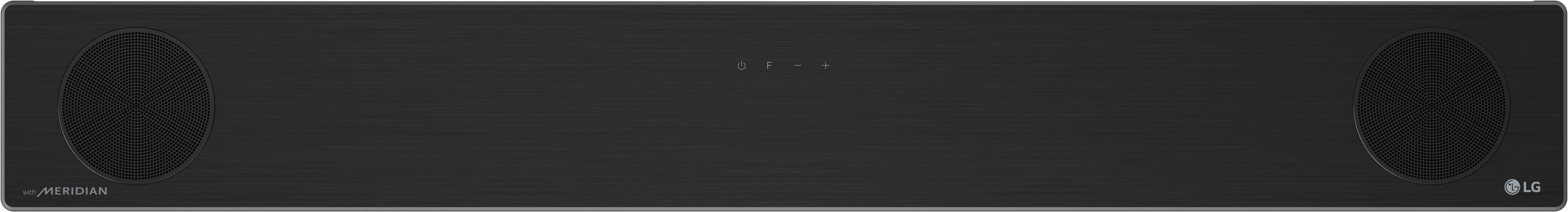 Eine schwarze Soundbar mit silbernen Details. Sie hat Lautsprecher auf beiden Seiten.