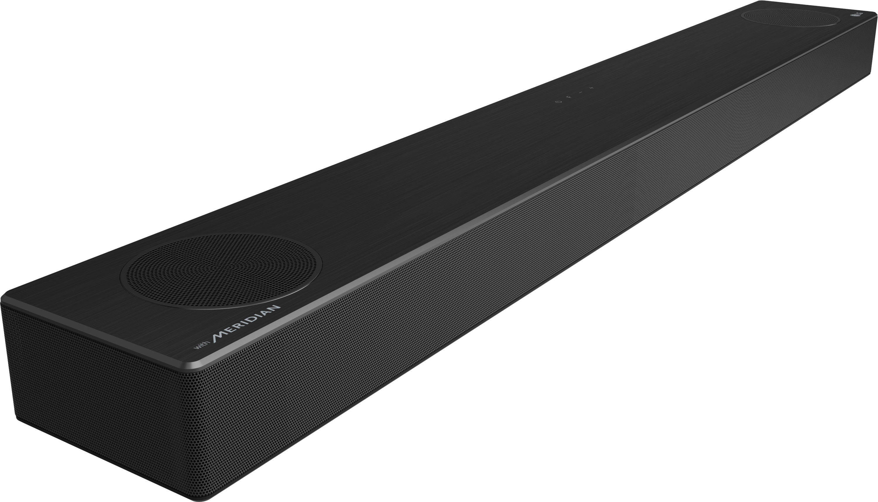 Schwarze Soundbar mit dem Meridian-Logo. Sie ist lang und rechteckig, auf weißem Hintergrund.