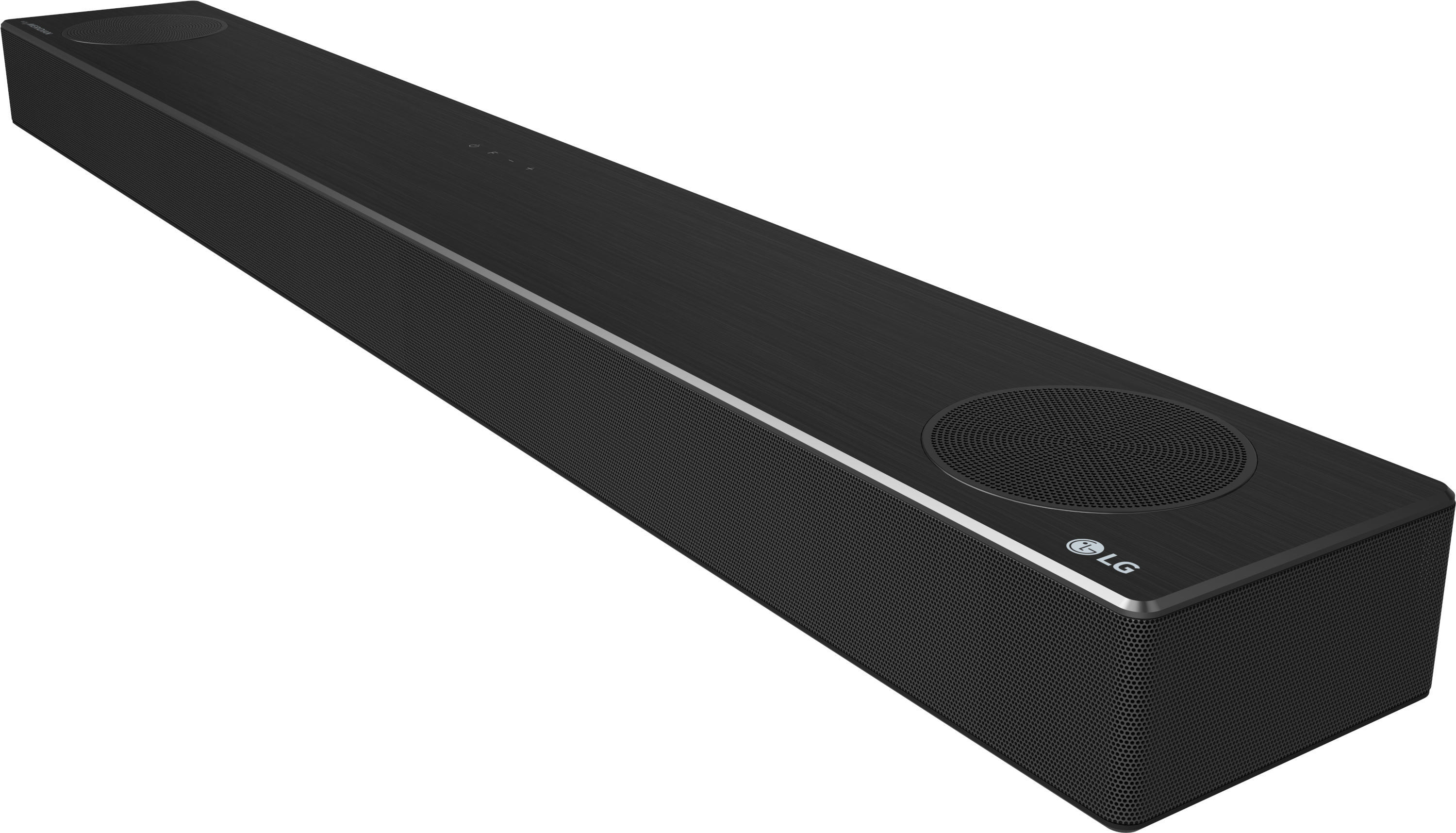 Schwarze LG Soundbar mit Lautsprechern und dem LG-Logo unten.