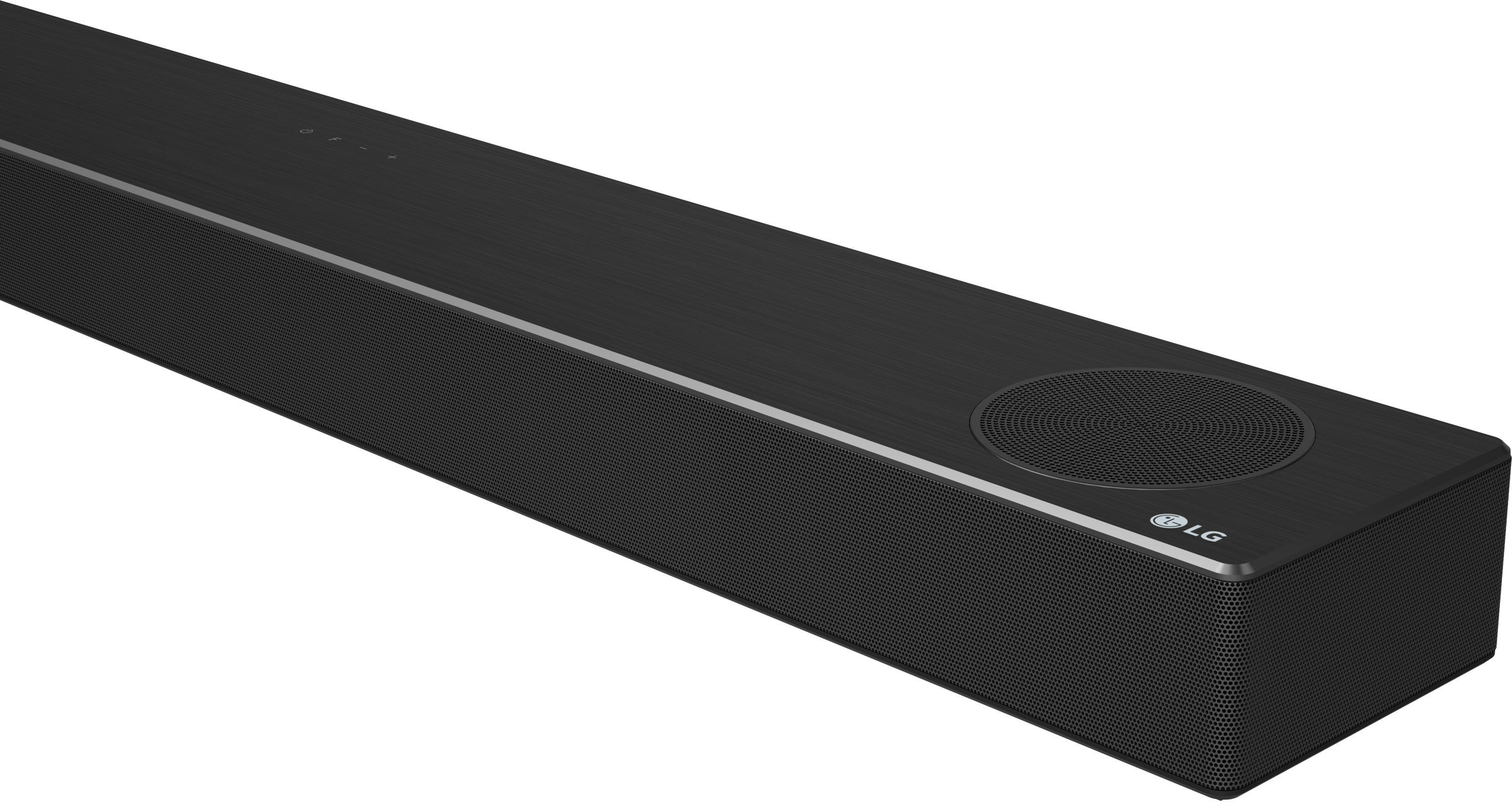 Eine schwarze LG Soundbar mit einem Mesh-Front und dem LG-Logo in der Ecke.